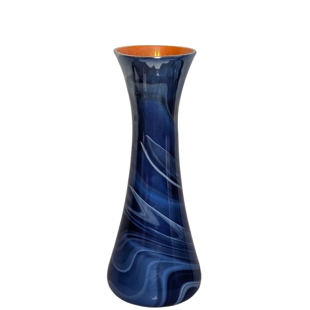 Antique Imperial Glass Free Hand Art Deco Blue Swirl Lustre Vase 8.25 inch 1925